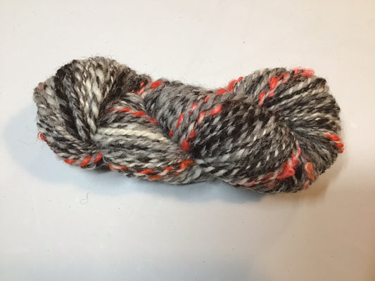 Auspicious Stitch - Black Welsh Mountain, grey Cheviot and white Shetland wools with a dash of neon wool locks - 60g
